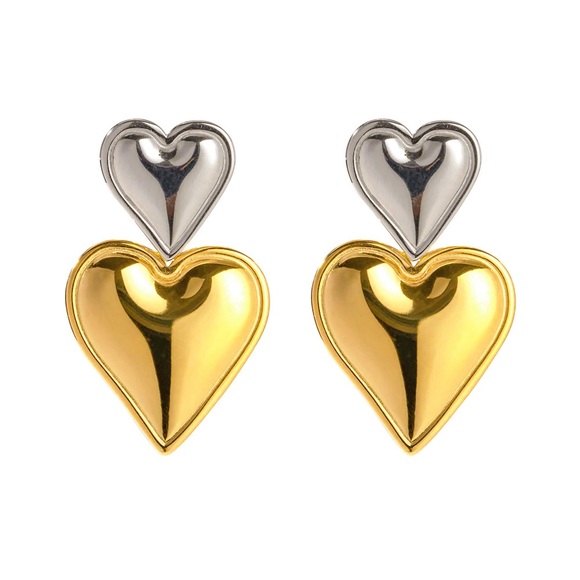 Bicolor Double Heart Earrings*Waterproof*Sweatproof*Tarnish Free - Picture 6 of 6